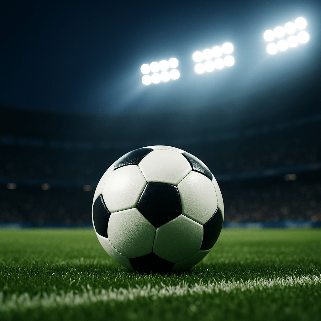 경기장 조명 아래 초록 잔디 위에 놓인 축구공